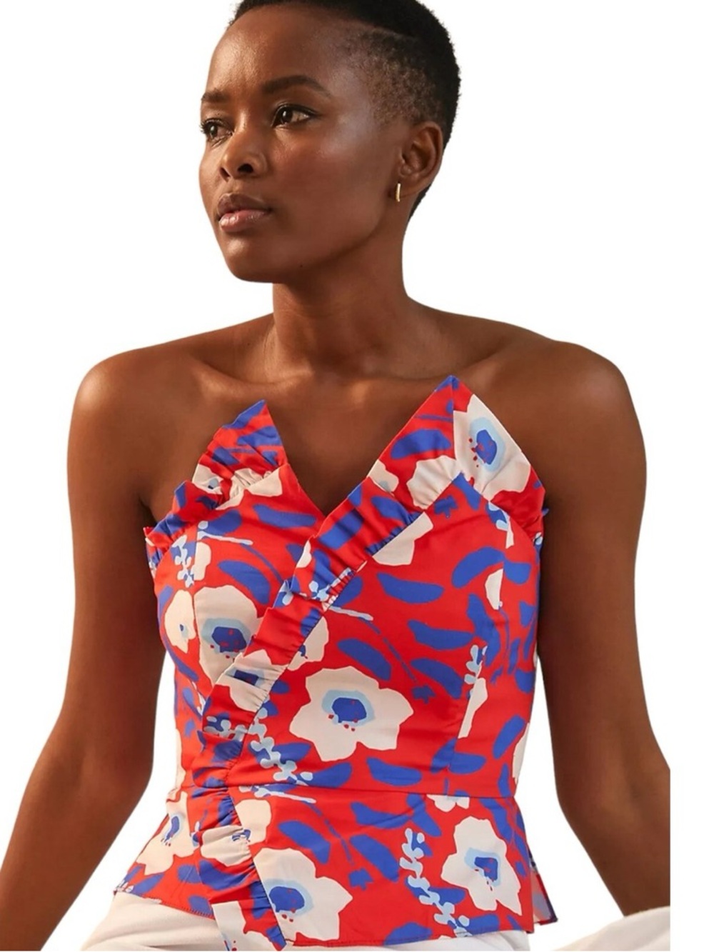 Hutch Red Blue White Floral Ruffle One-Shoulder Top